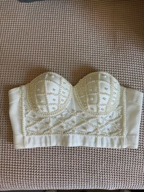 Pearl-Embellished White Bustier Crop Top